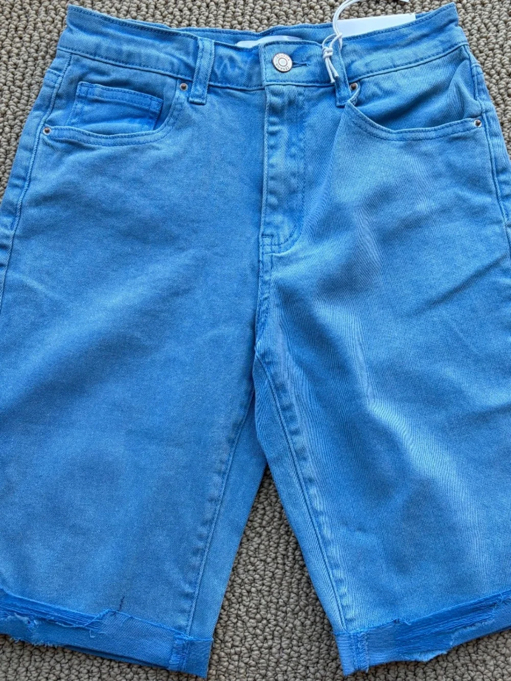 New Zenana Blue Distressed Bermuda Shorts Cuffed Mineral Wash Stretchy Comfy - Picture 3 of 6